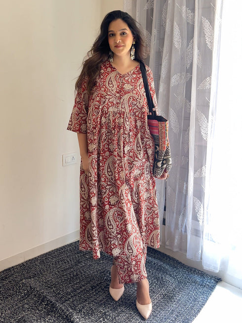 Maroon Pure Cotton Paisley Printed A-line Maternity Kurta Pant Set