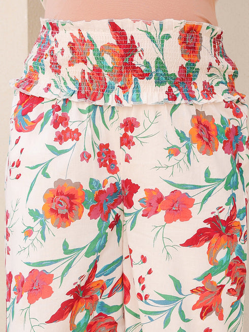 Women's Cream Pure Cotton Floral Printed A-line Maternity Kurta Set