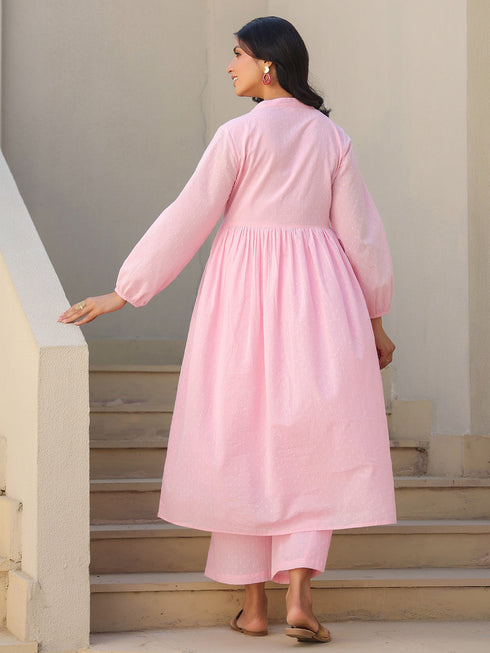 Janasya Women's Light Pink Dobby Pure Cotton Self Design A-line Maternity Kurta Pant Set