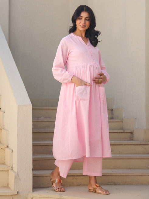Janasya Women's Light Pink Dobby Pure Cotton Self Design A-line Maternity Kurta Pant Set