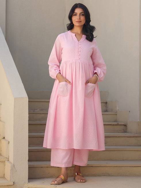 Janasya Women's Light Pink Dobby Pure Cotton Self Design A-line Maternity Kurta Pant Set