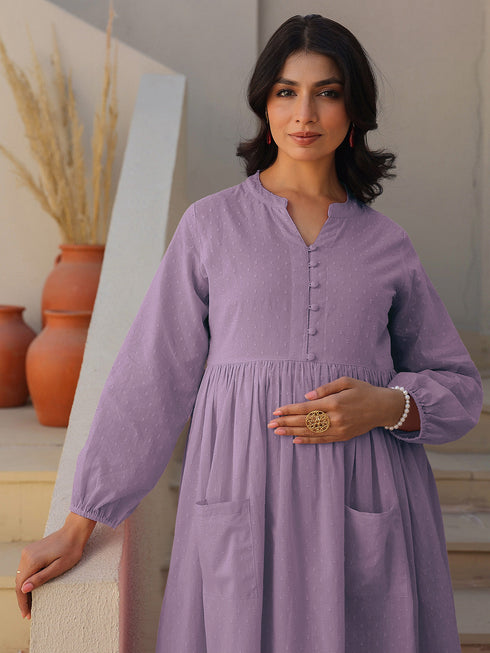Lavender Dobby Pure Cotton Self Design A-line Maternity Kurta Pant Set