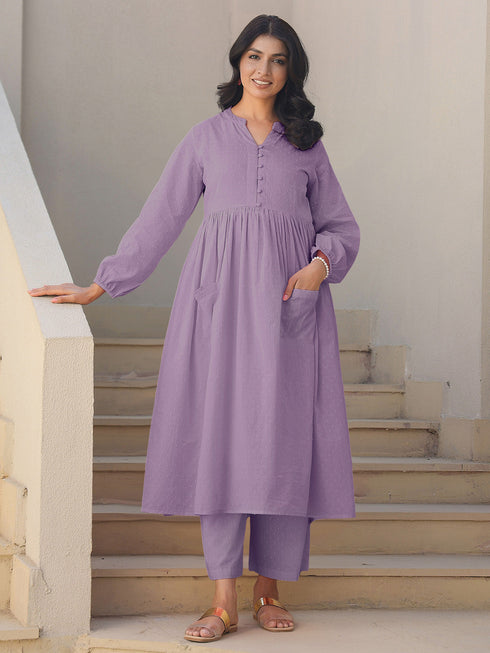 Lavender Dobby Pure Cotton Self Design A-line Maternity Kurta Pant Set