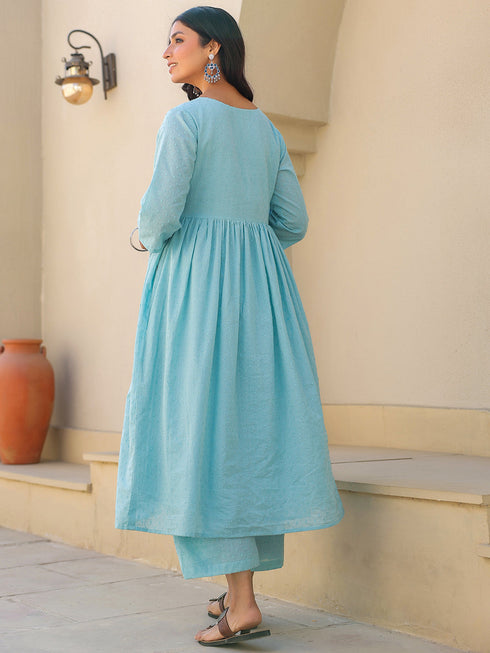 Light Blue Dobby Pure Cotton Self Design A-line Maternity Kurta Pant Set