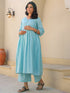 Light Blue Dobby Pure Cotton Self Design A-line Maternity Kurta Pant Set
