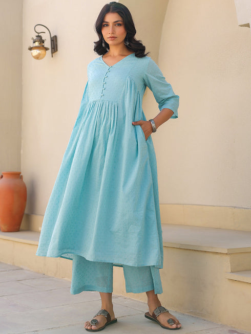 Light Blue Dobby Pure Cotton Self Design A-line Maternity Kurta Pant Set