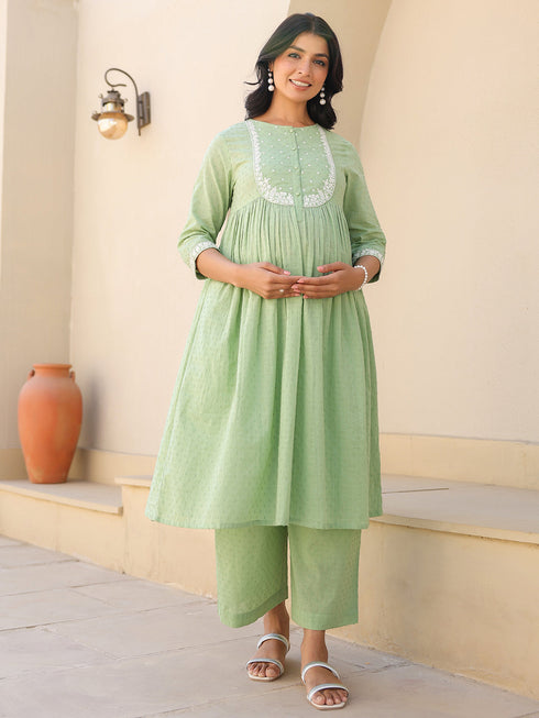 Janasya Women's Light Green Dobby Pure Cotton Yoke Embroidered A line Maternity Kurta Pant Set