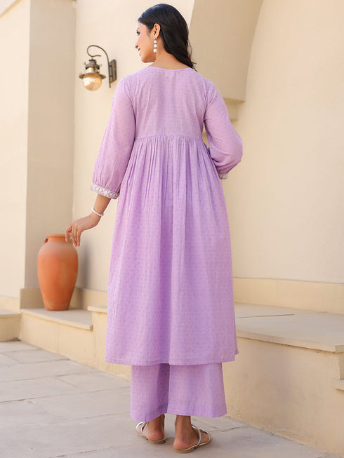 Janasya Women's Lavender Dobby Pure Cotton Yoke Embroidered A-line Maternity Kurta Pant Set