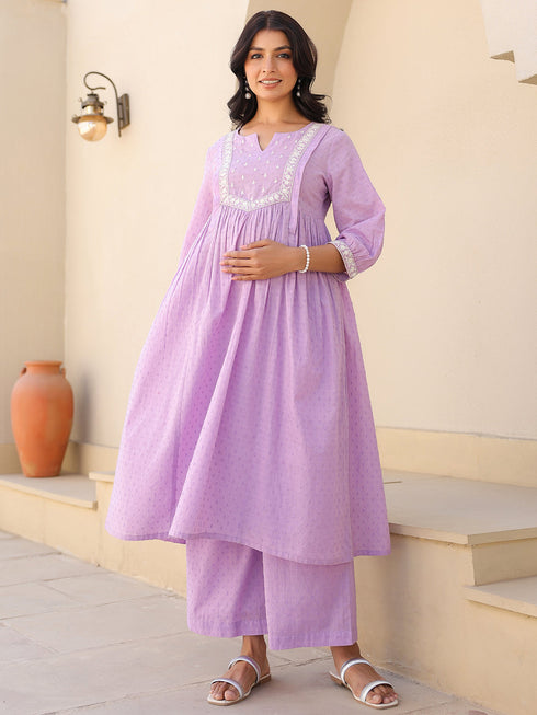 Janasya Women's Lavender Dobby Pure Cotton Yoke Embroidered A-line Maternity Kurta Pant Set