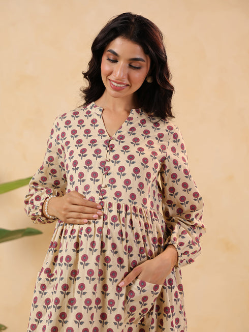 Janasya Women's Cream Pure Cotton Floral Printed A-line Maternity Kurta Pant Set