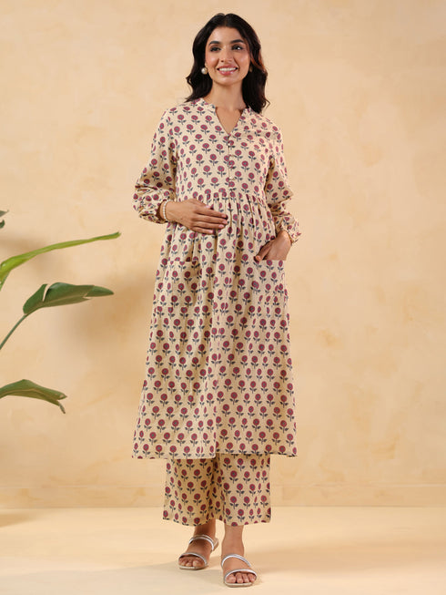 Janasya Women's Cream Pure Cotton Floral Printed A-line Maternity Kurta Pant Set
