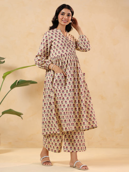 Janasya Women's Cream Pure Cotton Floral Printed A-line Maternity Kurta Pant Set