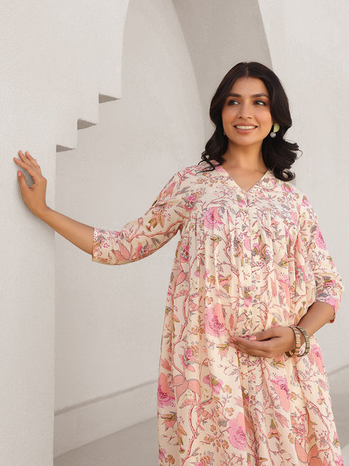 Cream Pure Cotton Floral Printed A-line Maternity Kurta