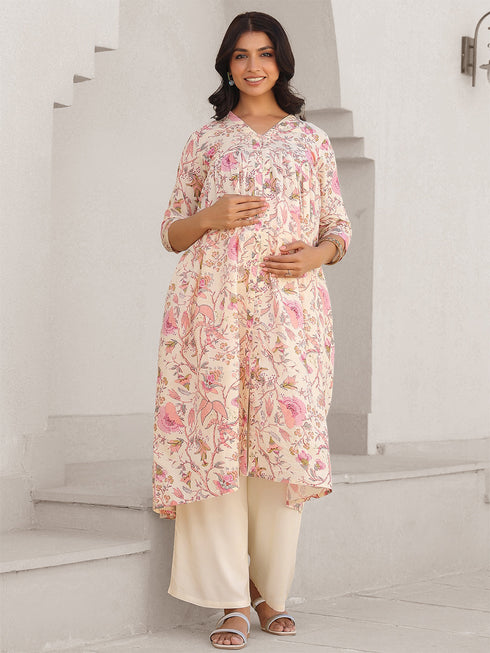 Cream Pure Cotton Floral Printed A-line Maternity Kurta