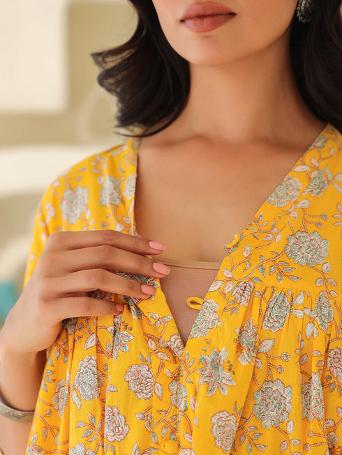 Yellow Pure Cotton Floral Printed Empire Maternity Kurta