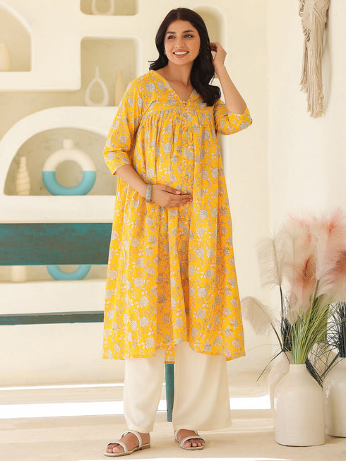 Yellow Pure Cotton Floral Printed Empire Maternity Kurta