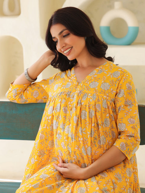 Yellow Pure Cotton Floral Printed Empire Maternity Kurta