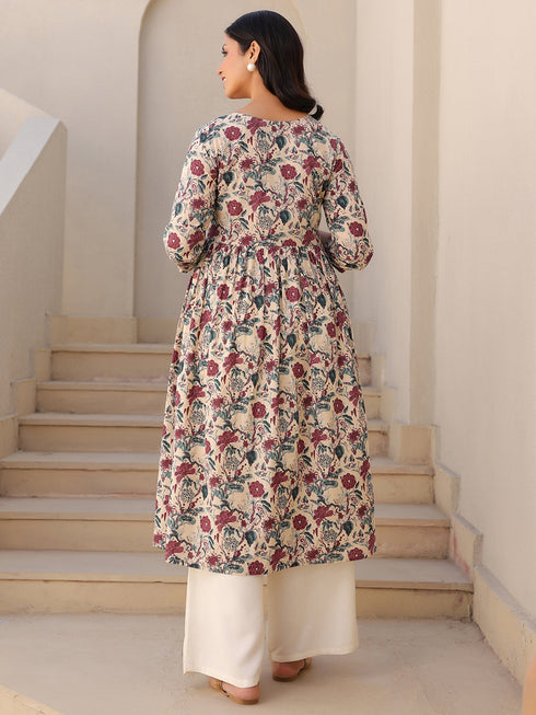 Cream Pure Cotton Floral Printed Gathered Maternity Kurta