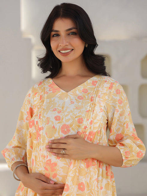 Off White Pure Cotton Floral Printed A-line Maternity Kurta