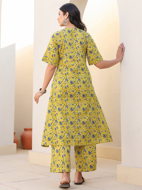 Lime Yellow Pure Cotton Floral Printed A-line Maternity Kurta Pant Set