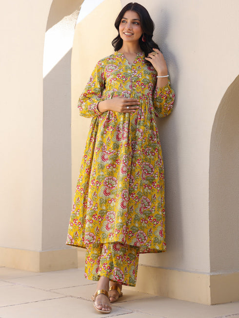 Mustard Pure Cotton Floral Printed A-line Maternity Kurta Pant Set