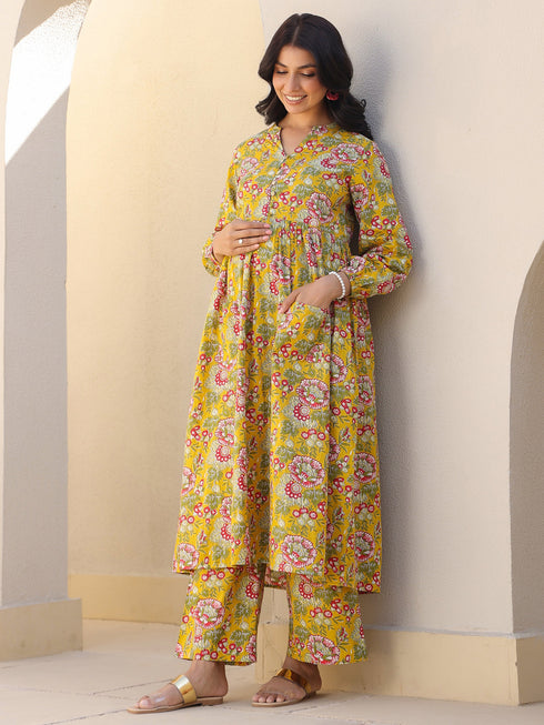 Mustard Pure Cotton Floral Printed A-line Maternity Kurta Pant Set