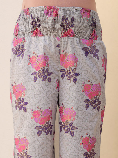 Grey Pure Cotton Foil Printed Flared Maternity Kurta Set