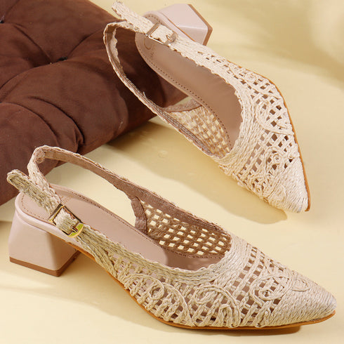 Women's Woven Textured Slingback Pump Pointed Toe Block Heel