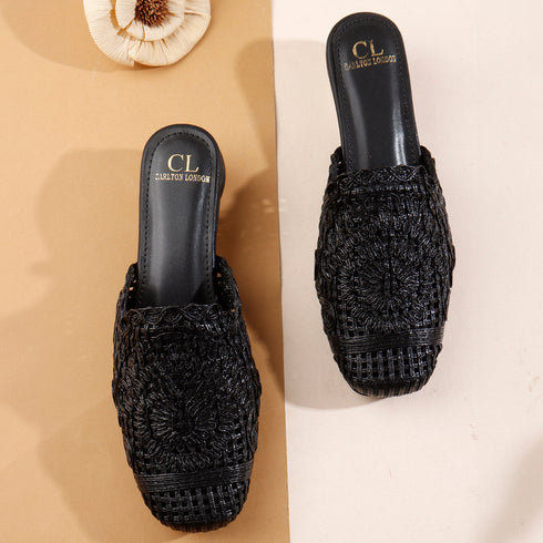 Women's Metallic Woven Slip-On Mule Intricate Pattern Low Heel