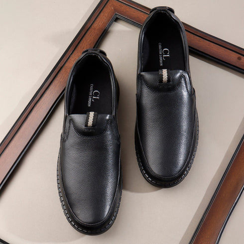 Men's Comfort Casual Slip-On Shoe with Leather Textured Elastic Detail