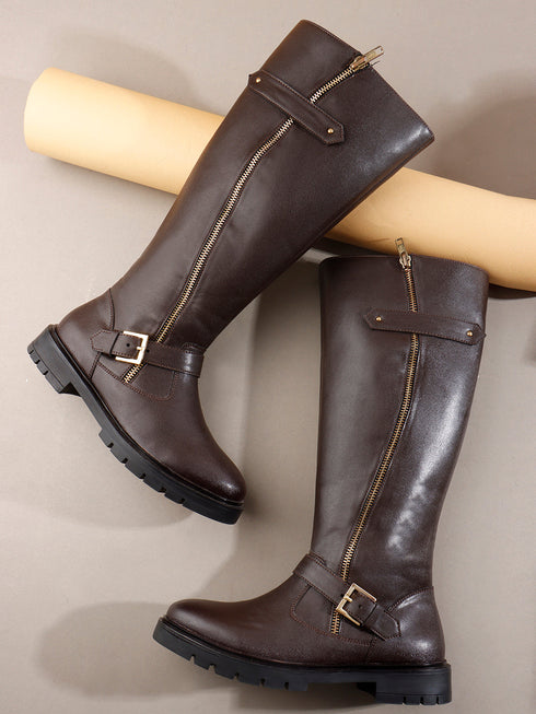 Women's Tall Zipper Accent Riding Boot Buckled Knee-High Fashion Footwear
