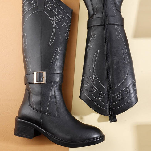 Women's Tall Embroidered Knee-High Riding Style with Western Boot Buckle Detail