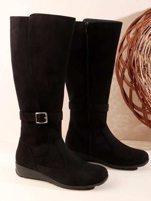 Women's Tall Moto-Style Riding Boot - Knee-High Footwear with Buckle Detail