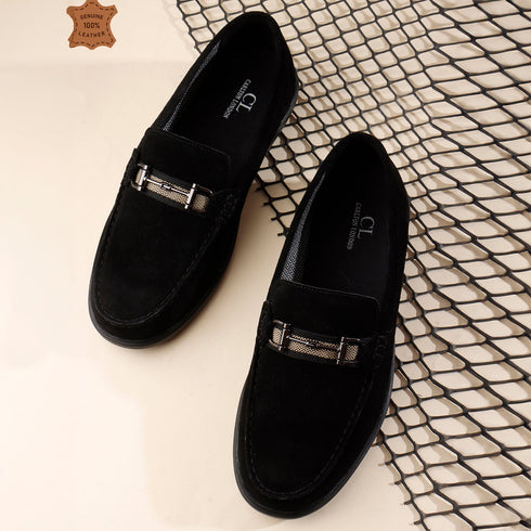 Men's Buckle Accent Driving Leather Loafer with Suede Finish