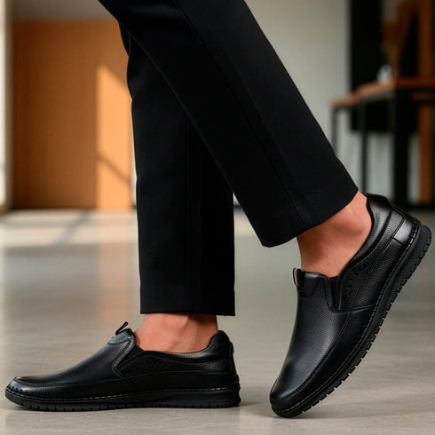Men's Comfort Casual Slip-On Shoe with Leather Textured Elastic Detail