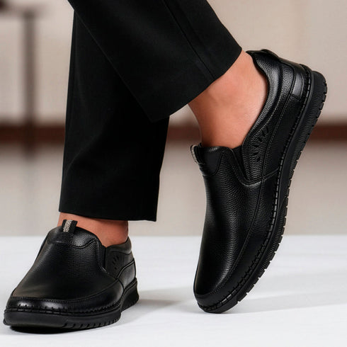 Men's Comfort Casual Slip-On Shoe with Leather Textured Elastic Detail