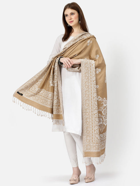 Women's Floral Jamawar Acrylic Border Wool Shawl