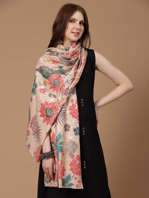 Women's Floral Printed Aari Embroidery Kalamkari Wool Shawl