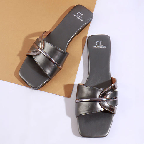 Women's Metallic Gold Crisscross Strap Flat Slide Sandals