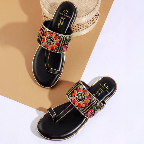 Women's Flat Toe-Ring Sandals with Black Multicolored Floral Embroidery