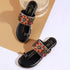 Women's Flat Toe-Ring Sandals with Black Multicolored Floral Embroidery