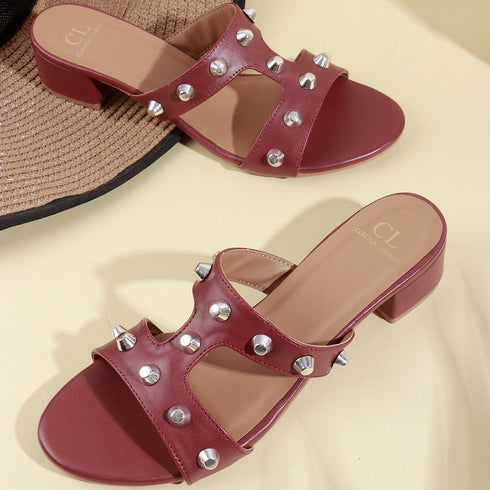 Women's Low Block Heel Sandals with Silver Stud Accents
