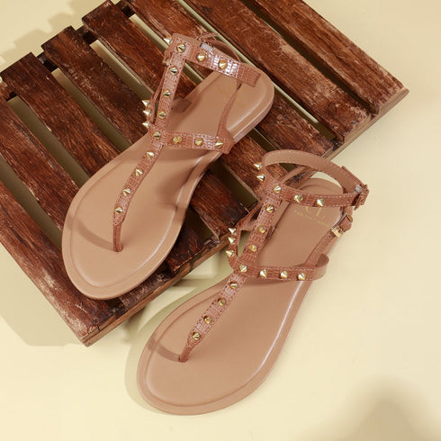 Flat Thong Women's Sandal with Gold Studs and Ankle Strap