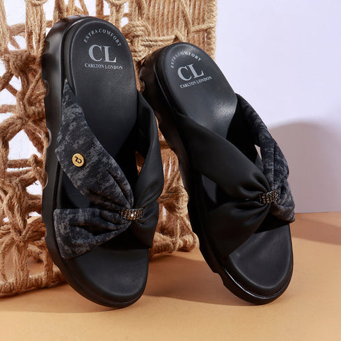 Women's Comfort Knit Knot Strap Embellished Slide Sandal