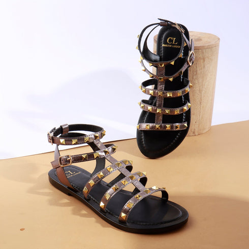 Women's Patent Studded Gladiator Flat Sandals