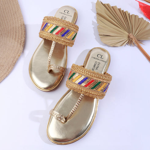 Women's Metallic Gold Flat Toe-Ring Sandal with Multicolored Woven Strap