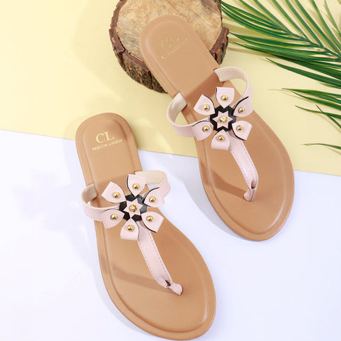 Women's Flat Thong Sandal with Studded Bow/Flower Accent
