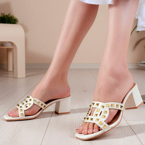 Women's Chic Black Studded Block Heel Sandals with Square Toe