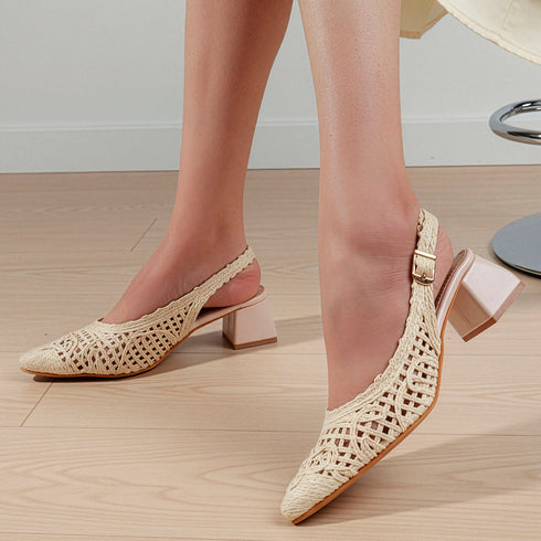Women's Woven Textured Slingback Pump Pointed Toe Block Heel