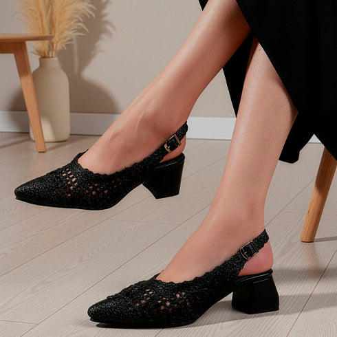 Women's Woven Textured Slingback Pump Pointed Toe Block Heel